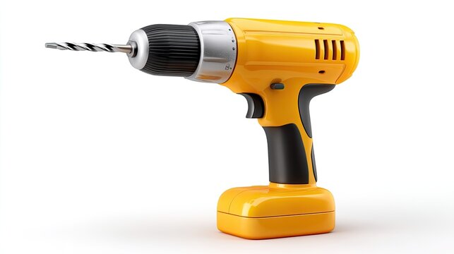 Yellow cordless drill on a white background designed for home improvement, construction, and DIY projects with a modern aesthetic and ergonomic grip - Powered by Adobe