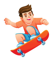 Energetic boy on skateboard performing trick or jump while crouching low. Vector cartoon illustration © YG Studio