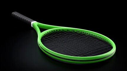 Vibrant Green Tennis Racket on Black Background, Ideal for Sports and Fitness Promotions, Active Lifestyle Imagery, Equipment Display, Tennis Gear Showcase