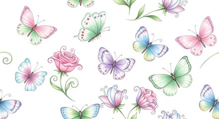Fototapeta premium Butterfly and Floral Seamless Pattern Background 