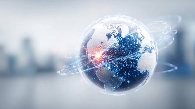 Global Connection: A striking visual of Earth, showcasing networks of connectivity that intertwine and span across continents, representing globalization.
