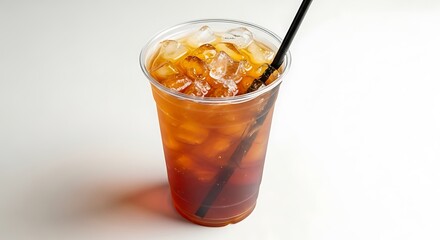 Refreshing Iced Tea in a Clear Plastic Cup with a Straw, Perfect for a Hot Summer Day