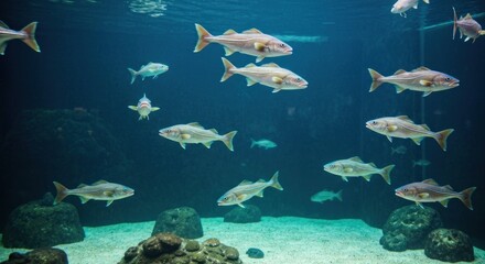Obraz premium School of fish in an aquarium. Underwater scene with many fish swimming in a large tank. Rocks and sand on the bottom. Soft focus