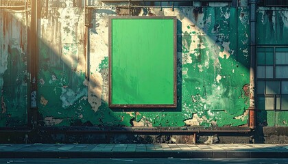 Urban grunge billboard mockup featuring a blank green screen for advertising on a distressed, sunlit industrial factory wall