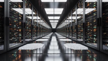 Long, dark server room aisle with rows of illuminated computer racks creating a futuristic data center tunnel effect - Powered by Adobe