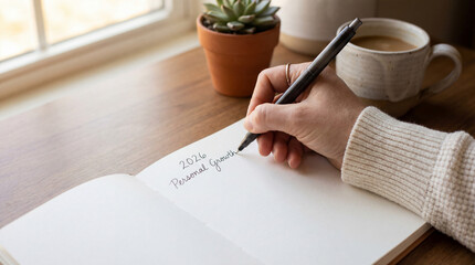 Female hand writing 2026 personal growth in an open blank notebook on a wooden desk