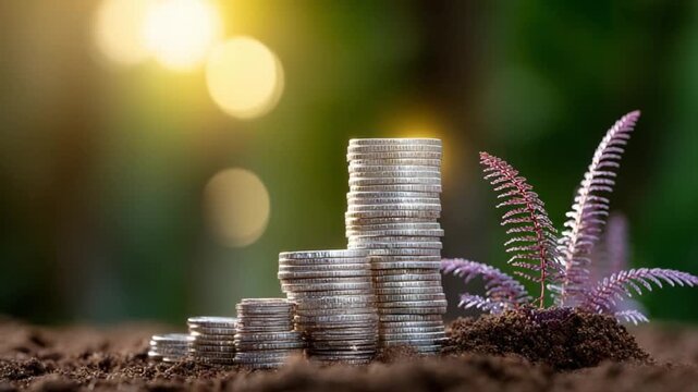 Growth in Bloom: A rising stack of coins blossoms with a young plant, representing the powerful concept of financial growth and prosperity, a symbol of investment, saving, and wealth-building.