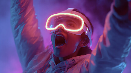 gamer immersed in virtual reality experience with neon lighting representing future gaming and digital immersion
