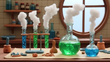 3d clay animated science lab with bubbling test tubes