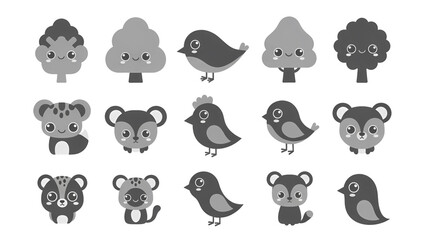 Fototapeta premium A cute collection of grayscale kawaii forest animals and trees including birds deer and skunks with big expressive eyes.