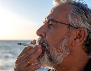 Senior man with salt-and-pepper hair smokes, ocean and sky backdrop