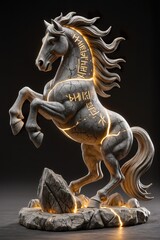 Fototapeta premium A rune-enhanced mystical horse figurine, cracked stone texture with golden light seeping through, rearing strongly.