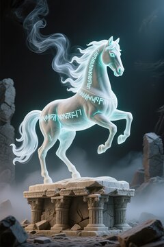 An Elden Ring&ndash;style spectral horse statue with ghostly smoke mane, rearing pose, ancient runes glowing on its body, standing on ruins base.