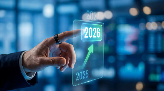 Hand selecting year 2026 on a digital interface showing upward trend, businessman forecasting business growth for the new year