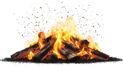 A vibrant bonfire with burning logs and bright flames against a dark black isolated background view