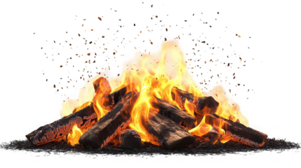 A vibrant bonfire with burning logs and bright flames against a dark black isolated background view