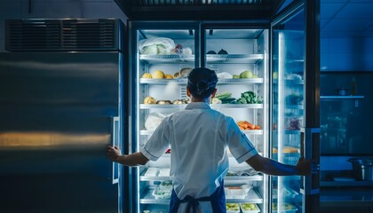 Culinary Abundance: A chef opens a commercial refrigerator, revealing an array of fresh ingredients. The illuminated interior showcases the vibrant colors and variety of produce.