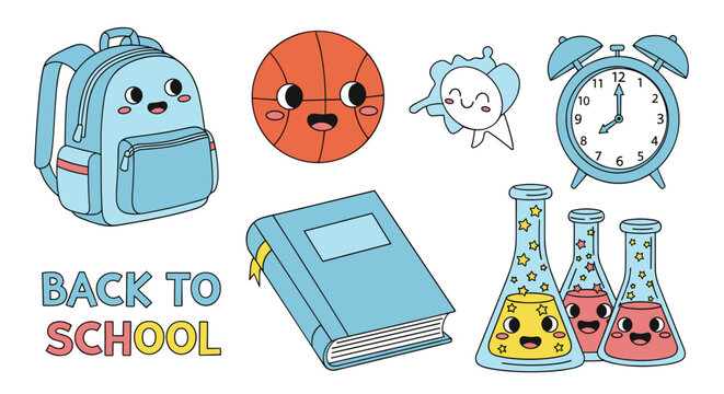 Cute cartoon back to school supplies with happy faces, including a backpack, book, basketball, alarm clock, and science beakers, on a white background.