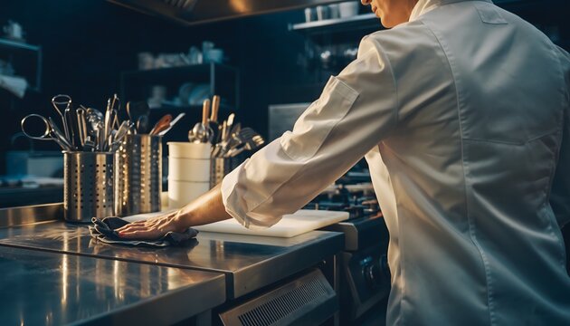  Culinary Craftsmanship: A chef meticulously wiping down a stainless steel countertop in a professional kitchen, with a display of kitchenware in background.
