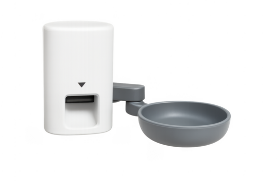 Automatic pet feeder dispensing food into a gray bowl