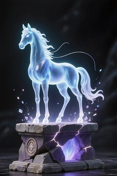 Elden Ring spirit steed sculpture, ethereal form, floating particles, standing on shattered arcane pedestal.