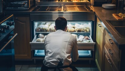 Culinary Inspection: A focused chef meticulously inspects the contents of a refrigerated storage unit in a professional kitchen.