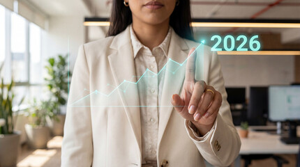 Businesswoman touching a virtual graph showing business growth for the new year 2026