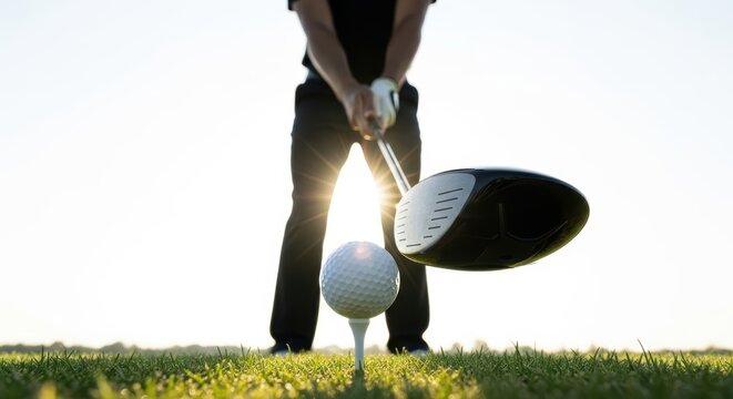 Golfer preparing to swing a driver club at a white golf ball on a tee, with sunlight creating a dramatic backdrop on a lush green fairway