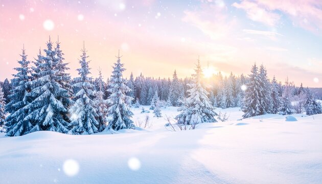 A tranquil winter landscape, showcasing snow-covered fir trees beneath a glowing sunrise, with delicate snowflakes softly falling over the serene frosty panorama