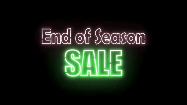 Enf of season Sale neon words glow brightly with purple and orange colors on a dark black background in a graphic illustration style.