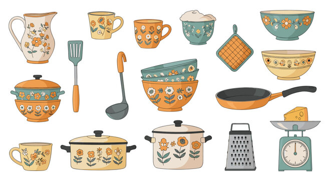 A collection of charming, retro-style kitchenware and cooking utensils featuring vibrant floral patterns and warm earthy tones.