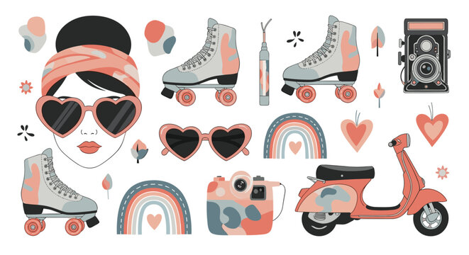 A charming retro-inspired collection of summer essentials and fashion elements, featuring a girl with heart sunglasses, roller skates, and a scooter.