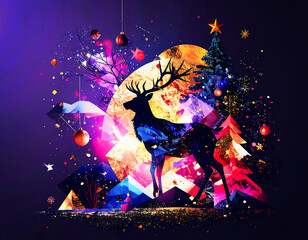 激しく光る幾何学的な結晶と、雄々しい鹿のシルエット。紫と青の夜空に浮かぶ黄金の満月が、幻想的なホリデーナイトの描写