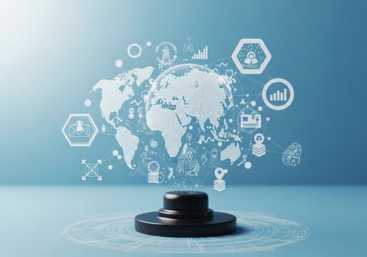Global digital transformation concept featuring a holographic world map projection with abstract technology and data icons above a black pedestal