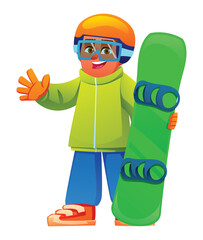 Happy boy snowboarder in bright outerwear holding a snowboard and waving his hand. Vector cartoon character illustration