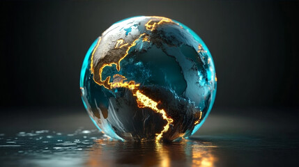 3D rendering of metallic world globe with glowing gold continents and silver oceans on reflective surface