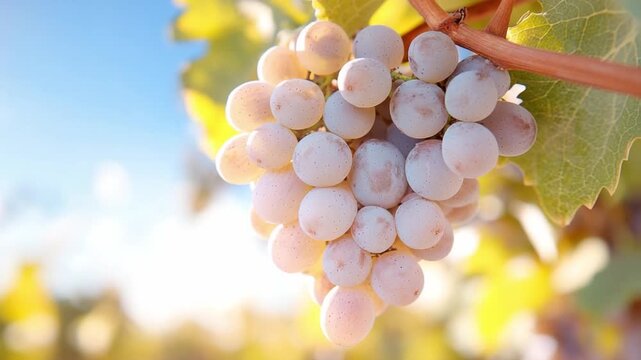 Golden Grape Delight: A radiant bunch of ripe grapes, bathed in sunlight, hangs gracefully on the vine, embodying the essence of nature's bounty and the promise of a fine vintage.