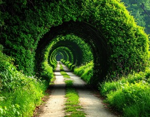 Green tunnel, dirt road through leafy arches