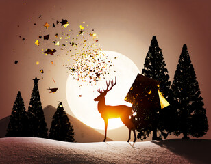 雪原に立つトナカイのシルエットと、巨大な満月。金色の破片が夜明けのように舞い上がる、幻想的な冬の夜空。
