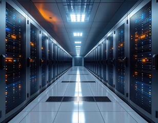 Server room corridor, glowing panels & tile