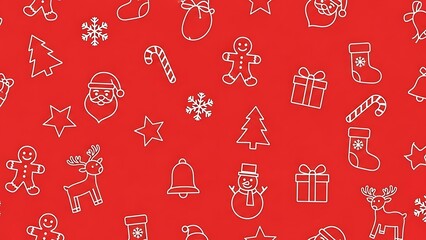 Festive Christmas Pattern with Holiday Icons on Red Background.