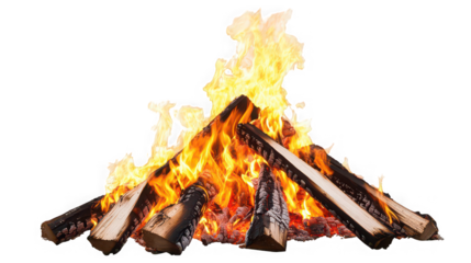 A bright campfire burning logs with intense flames against a stark black background in a studio shot