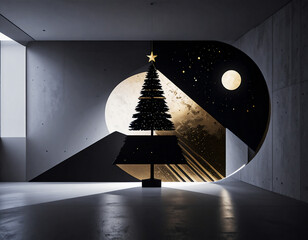モノクロームの空間に浮かぶ、金箔が舞う闇夜と満月の窓。幾何学的な影を落とす、ミニマルなクリスマスツリー。