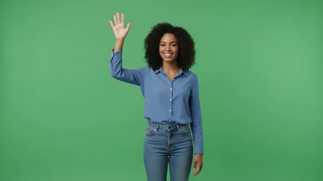 Friendly Hello: A radiant individual, with a warm smile, extends a welcoming hand in a gesture of greeting, standing against a vibrant background.
