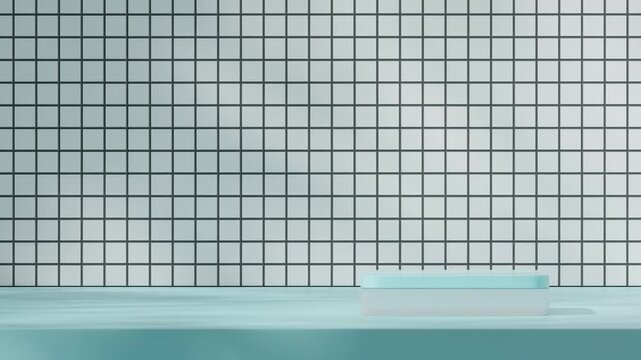 white square tile wall and blue floor in 3d video render of empty space glass and blue podium seamless loop shadow animation