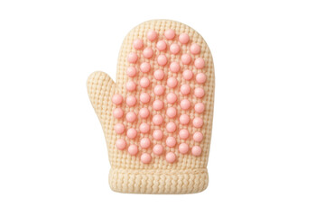 Knitted body scrubbing glove with pink massage nubs