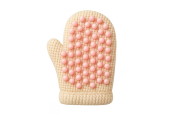 Knitted body scrubbing glove with pink massage nubs