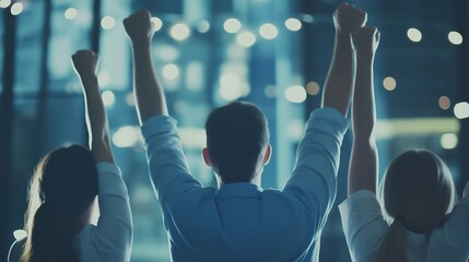 Celebratory Team Cheering Post-Project Completion: Faceless Professionals in Triumph, Collaborative Achievement Moment, Success Celebration Scene with Copy Space