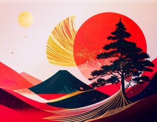 燃えるような朱色の円と、手前にそびえる力強い松のシルエット。金箔のラインが光る、壮大でモダンな日本の風景。