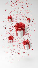 christmas gift boxes with red ribbon and confetti flying isolated on white, Christmas / Holiday / Celebration Gift Elements